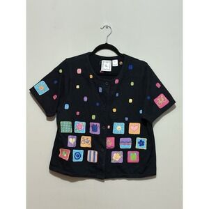 Michael Simon Lite Cropped Jacket XL Black Button Cardigan Art Patch Embroidered